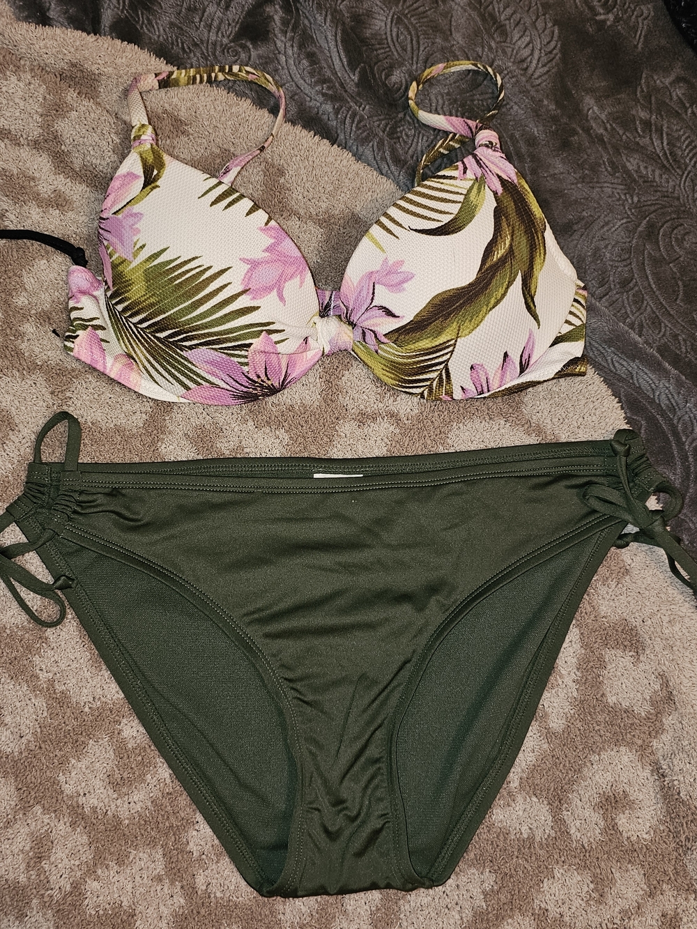 Shade And Shore Pink Floral & Olive Green Two-Piece Bikini Set
